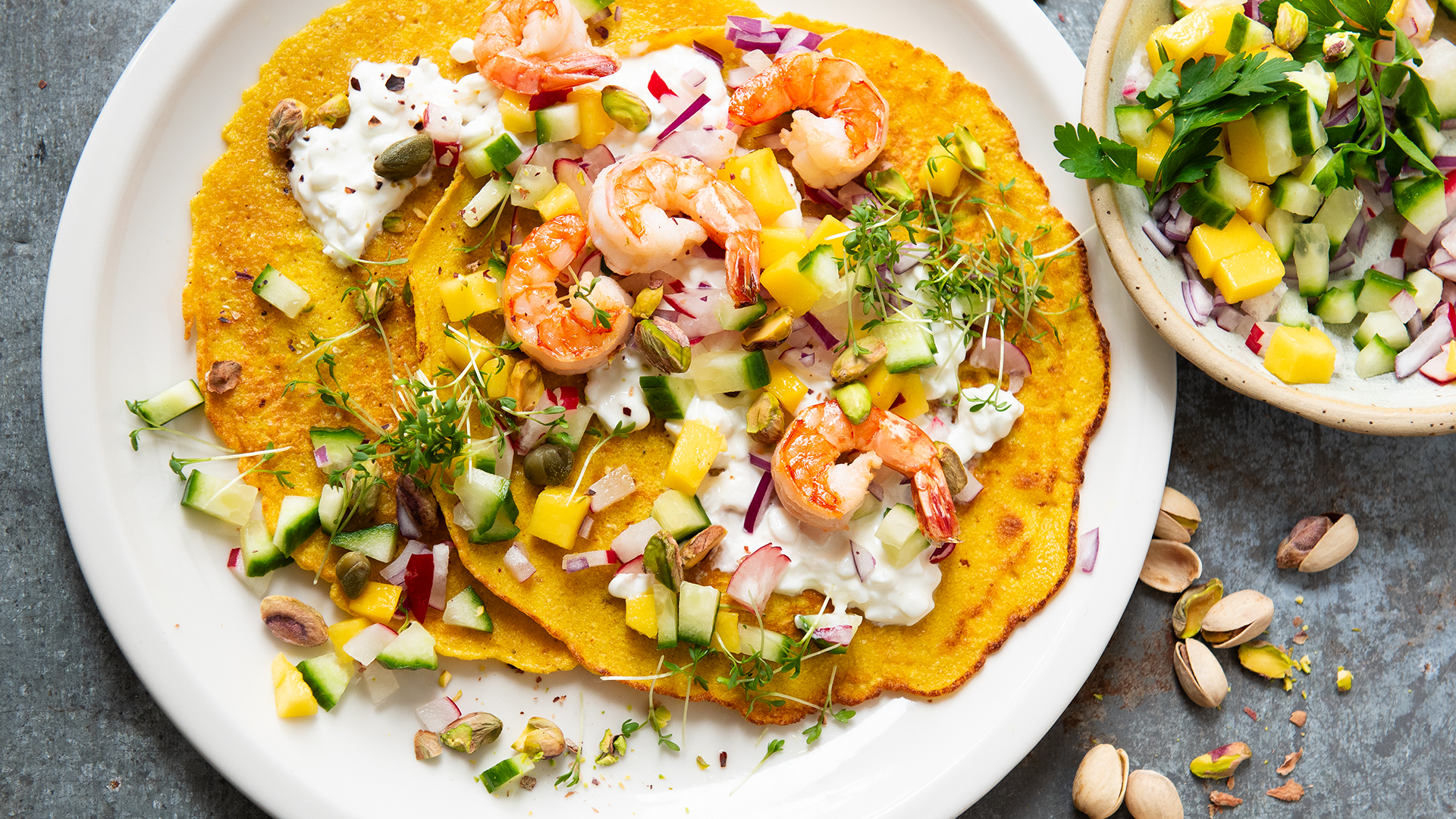 Chickpea Omelet with Cucumber-Mango Salad and Shrimp