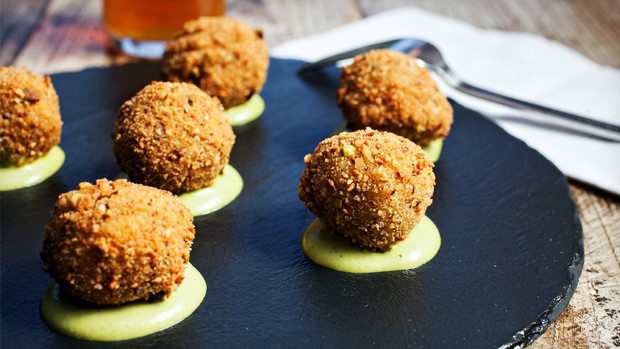 Crispy Pork Fritters with Pistachio Green Goddess