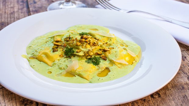 Sweet onion Agnolotti with pistachio sauce