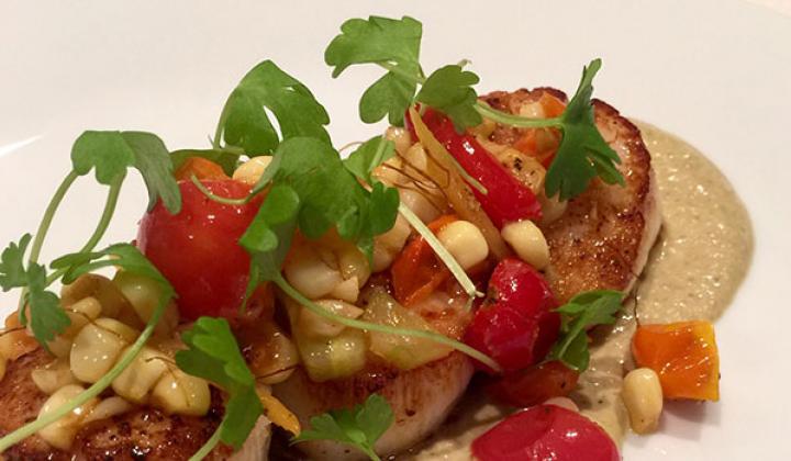 Creamed Pistachio, Seared Scallops, Roasted Corn Salsa