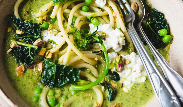 Macaroni with Broccoli-Kale Sauce, Cottage Cheese and Roasted Pistachios