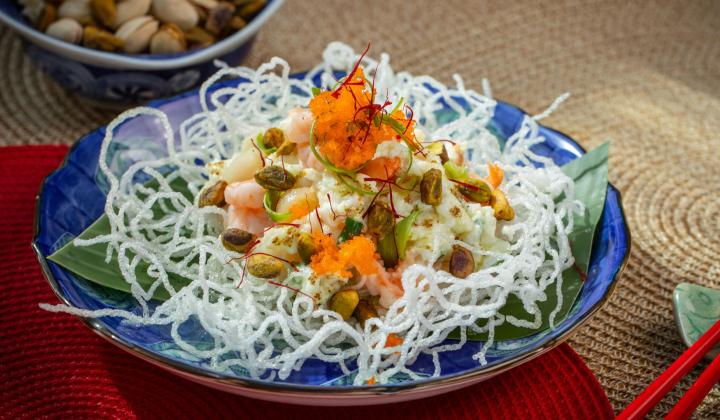 Pistachio Egg Puffs with Shrimp and Scallops