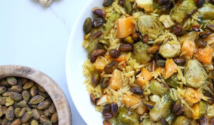 Warm Roasted Veggie and Pistachio Orzo